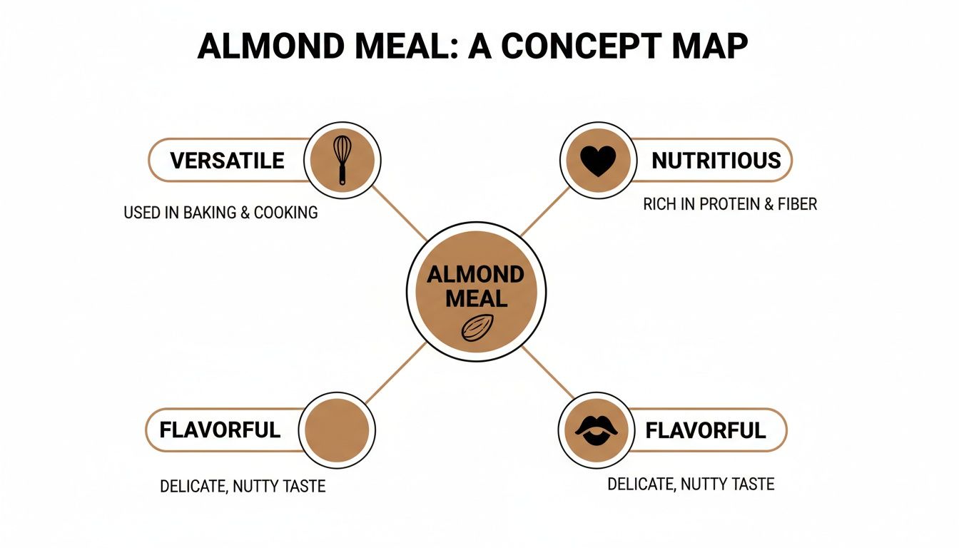 A concept map illustrating almond meal's versatile, nutritious, and flavorful benefits for baking and cooking.