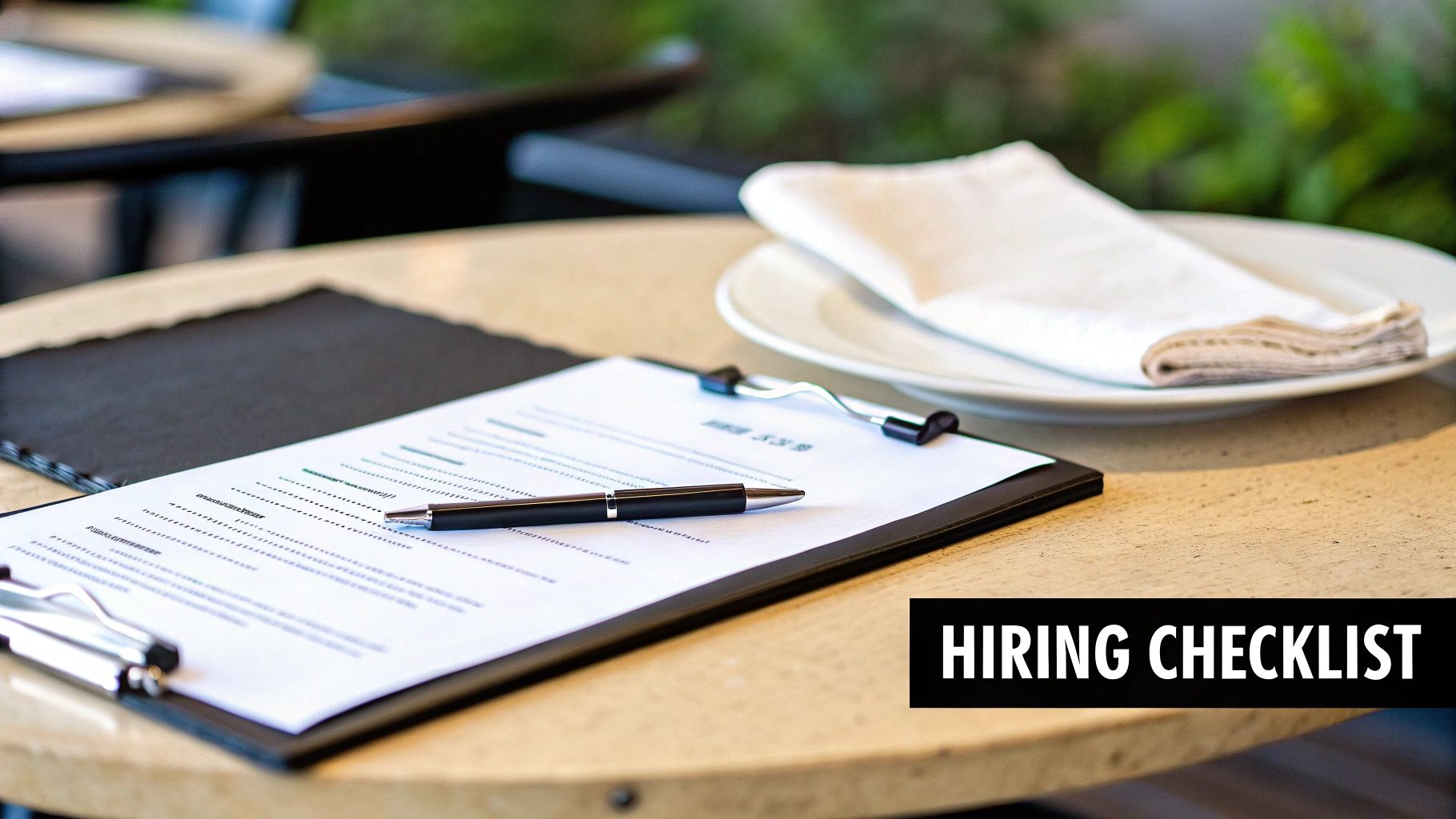 A hiring checklist document on a clipboard with a pen, on a table in a restaurant setting.