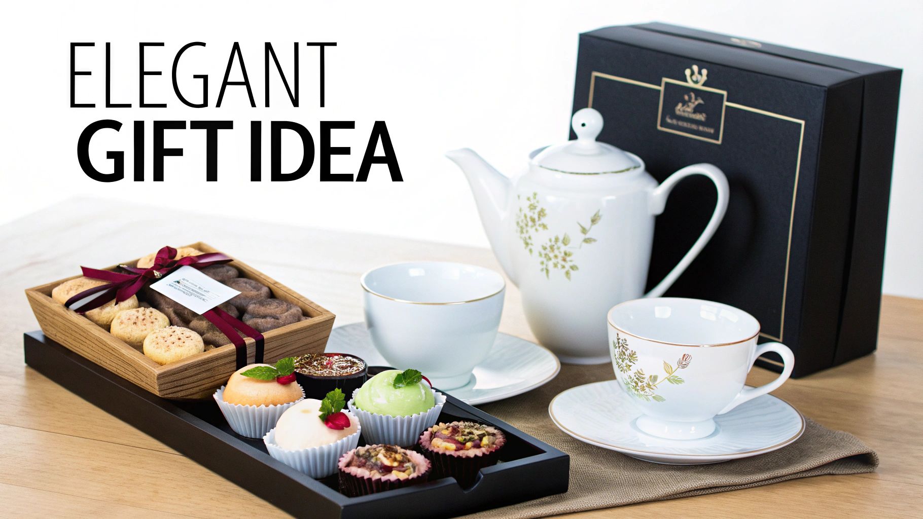 An elegant gift set featuring a white floral tea pot, cups, cookies, and colorful pastries on a wooden table.