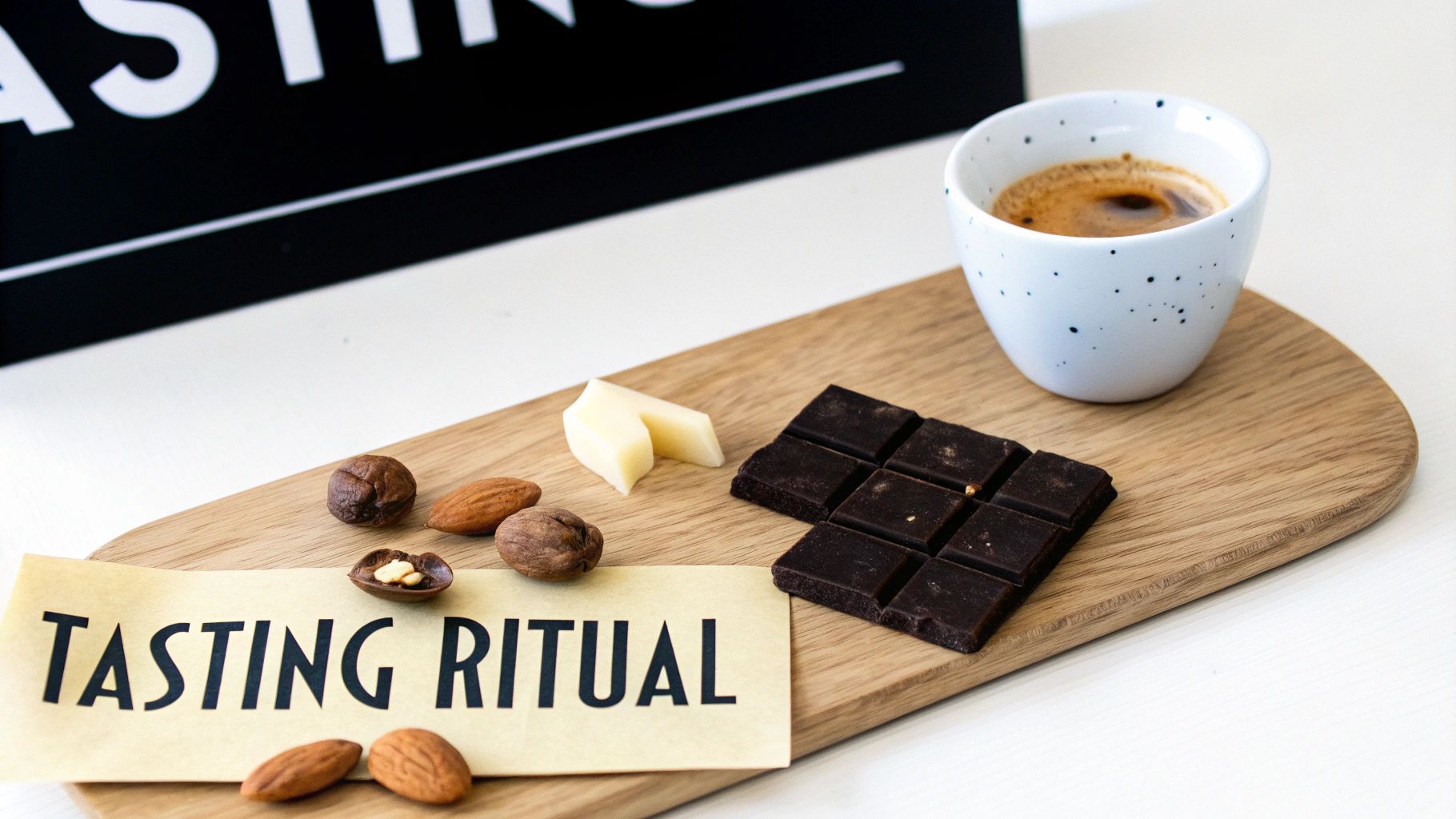 A cup of coffee, dark chocolate, nuts, and white chocolate on a wooden board with a 'Tasting Ritual' sign.