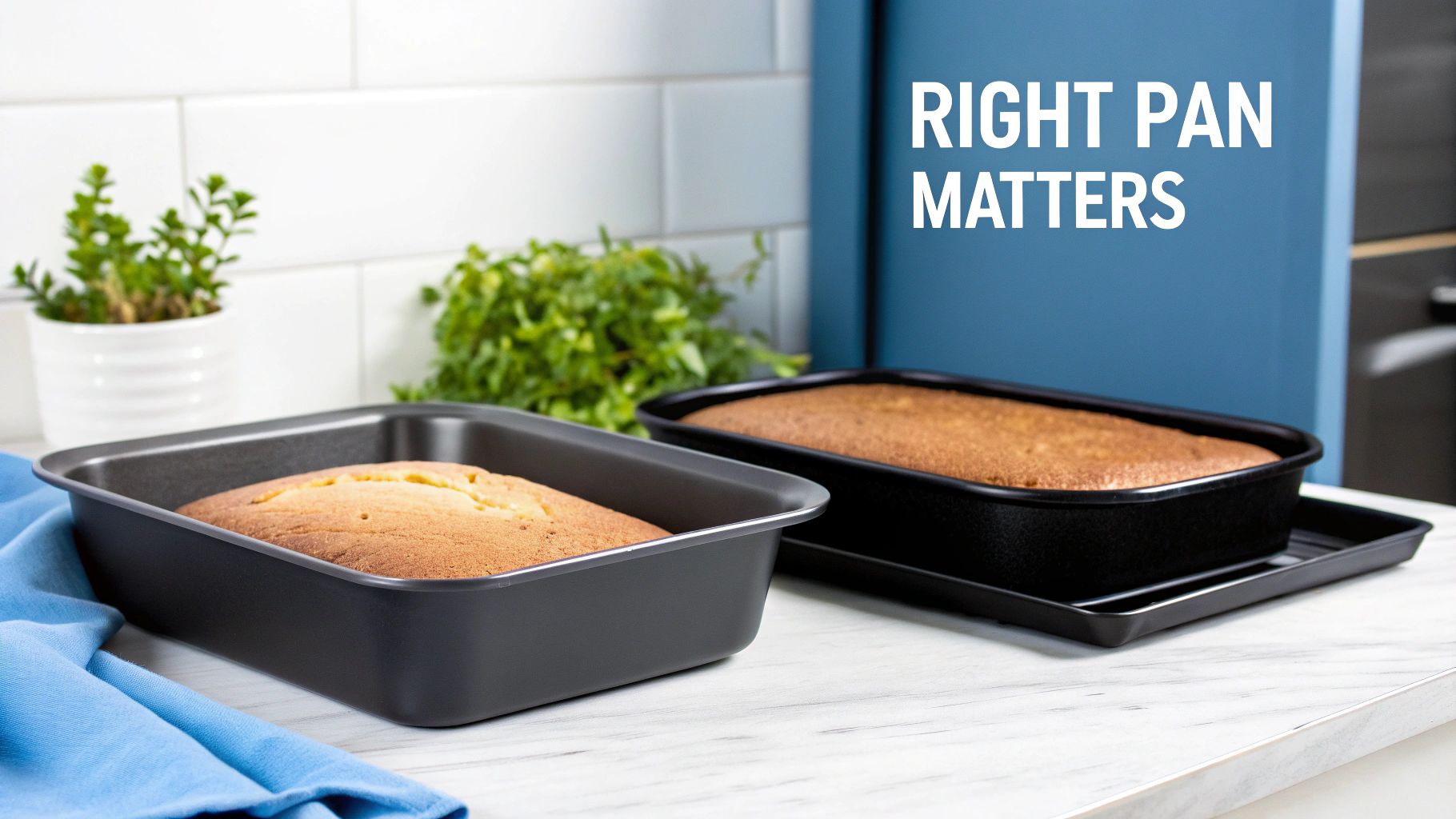 Two golden baked cakes in dark rectangular baking pans on a marble kitchen counter.