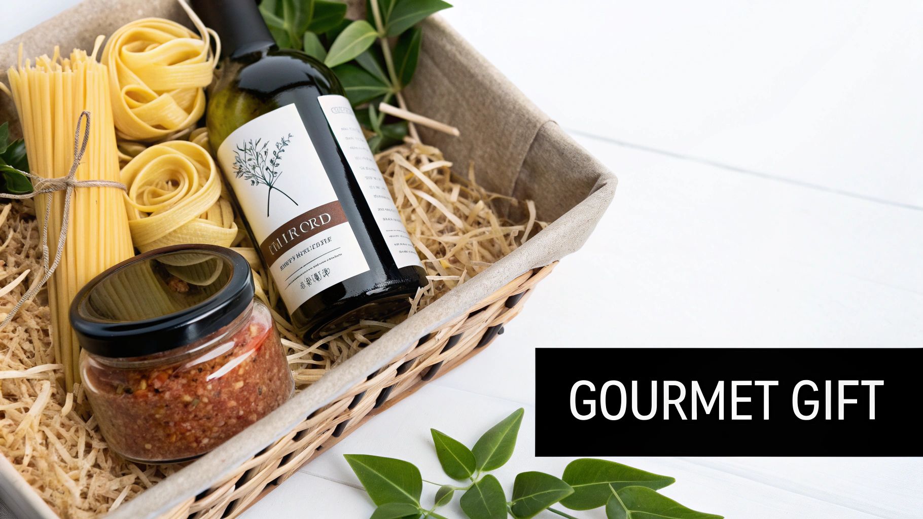 A beautifully arranged gourmet gift basket featuring various types of pasta, olive oil, and a savory sauce.