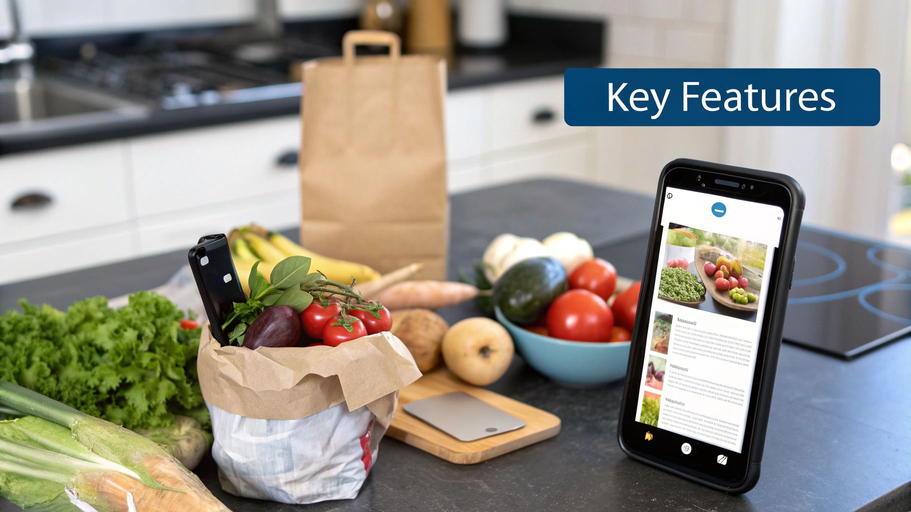 Groceries on a kitchen counter with a phone displaying food images. Visible text reads "Key Features." Fresh produce includes tomatoes and bananas.