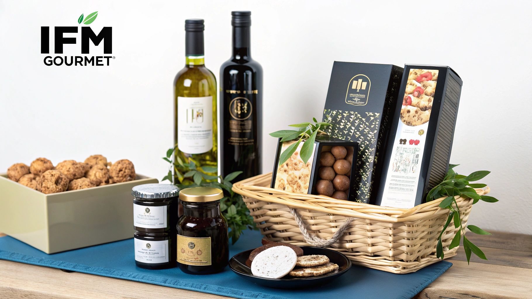 A beautiful gourmet gift basket filled with wine, chocolates, jams, and cookies, perfect for party catering.