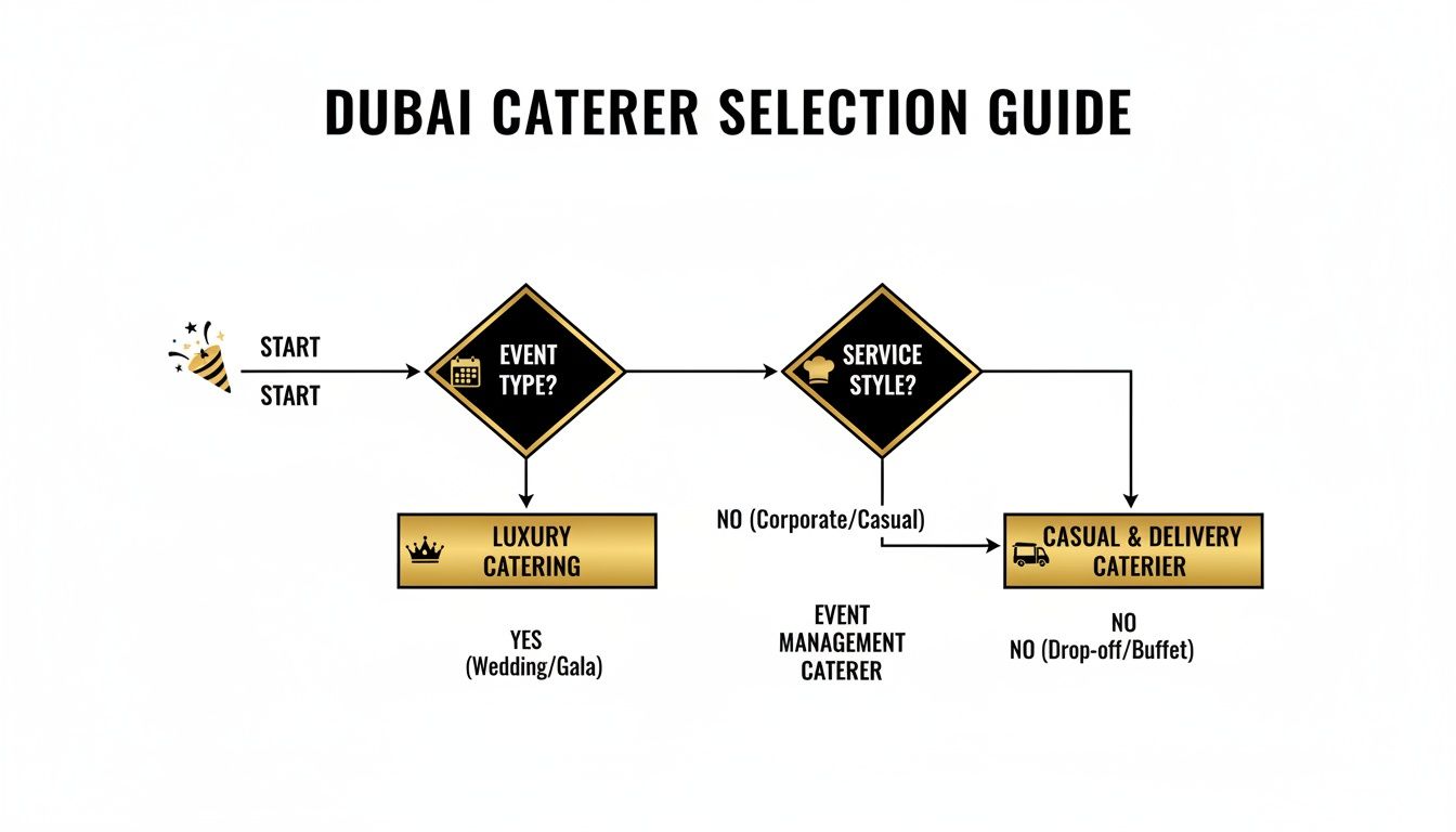 Flowchart guiding the selection of a Dubai caterer based on event type and service style.