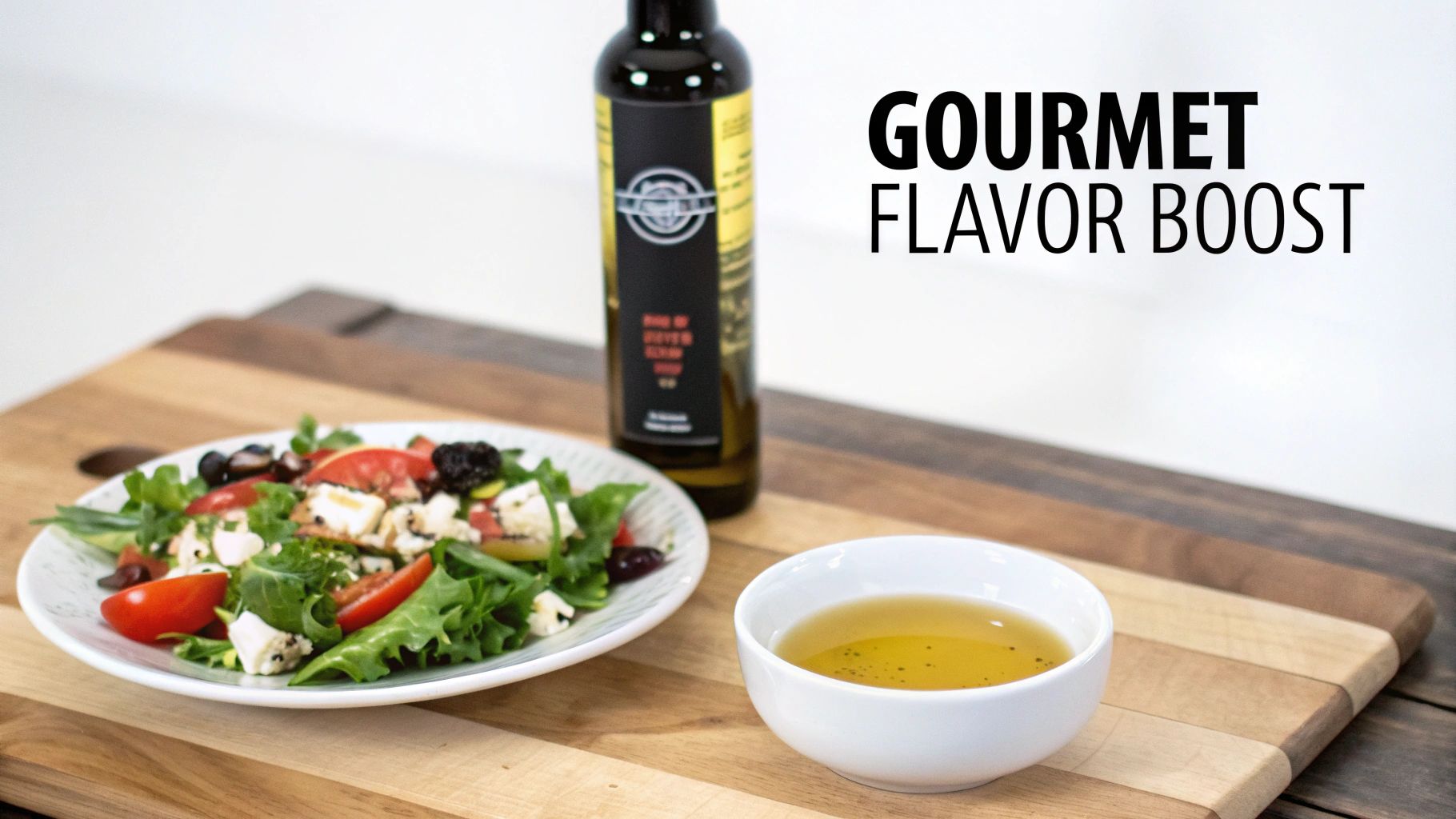 A vibrant gourmet salad with tomatoes, olives, and feta, alongside a dressing bottle and bowl.