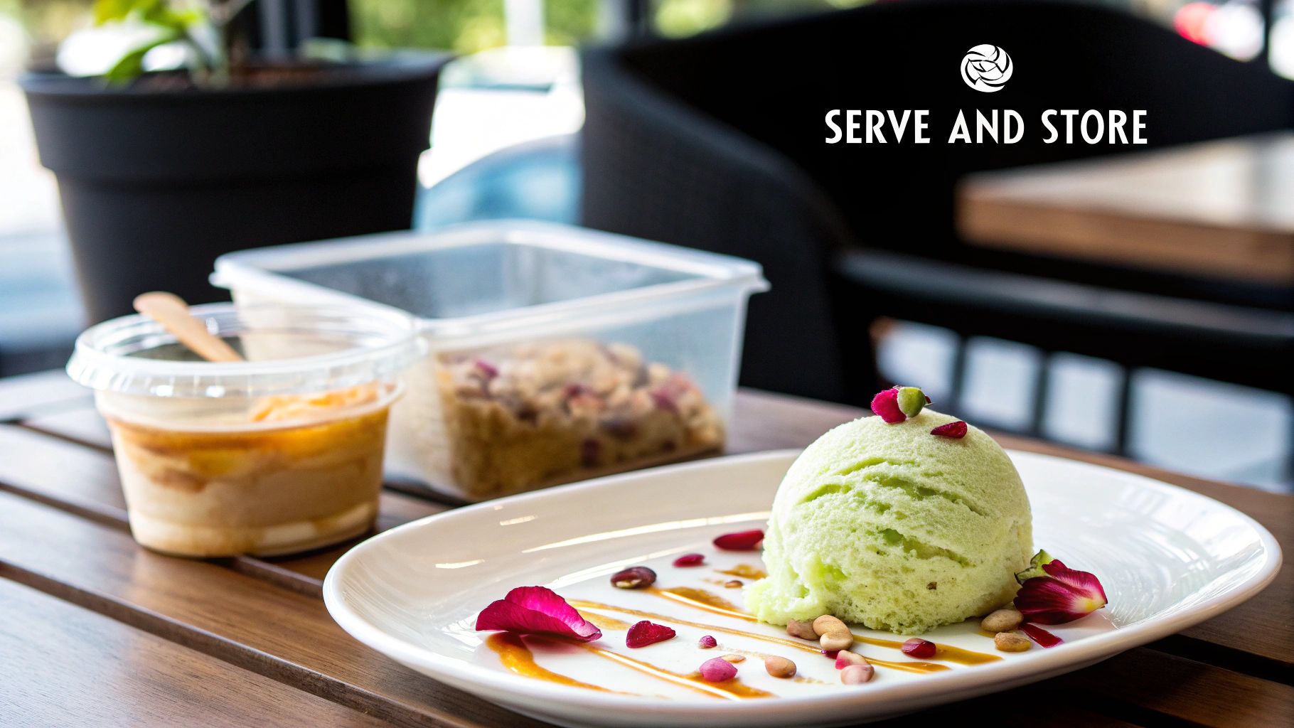 A scoop of green pistachio ice cream garnished with nuts and rose petals, with other desserts.