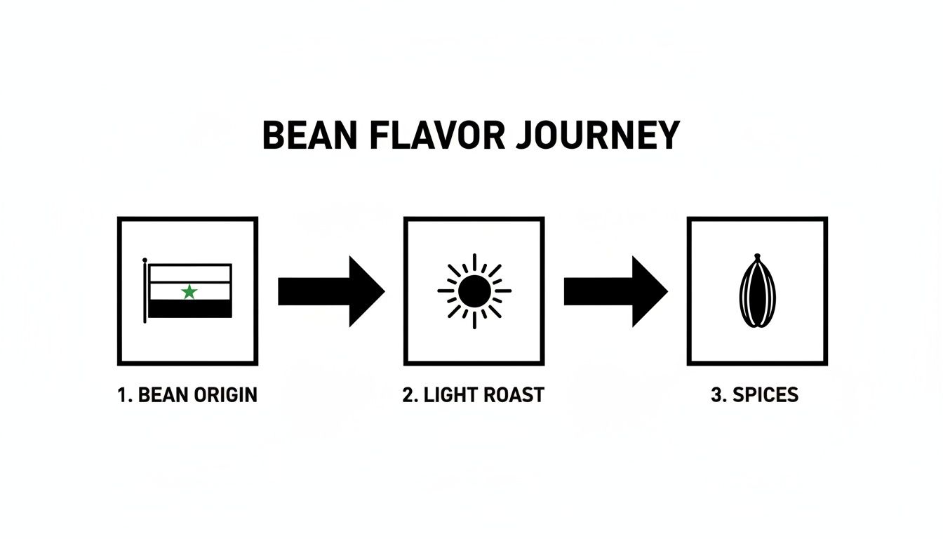 An infographic illustrating the bean flavor journey from Syrian origin, through light roast, to final spices.