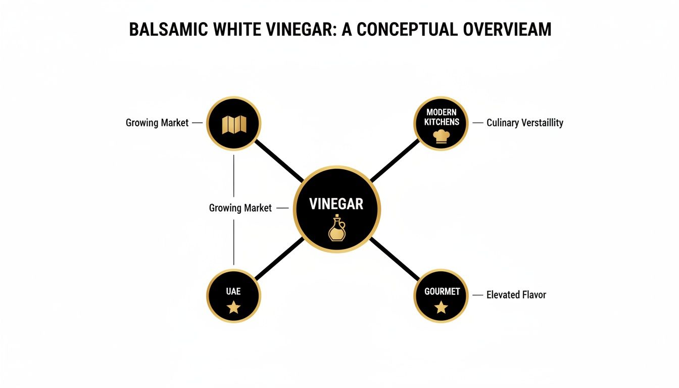 A conceptual diagram showing key aspects of balsamic white vinegar, including growing market, modern kitchens, UAE, and gourmet appeal.