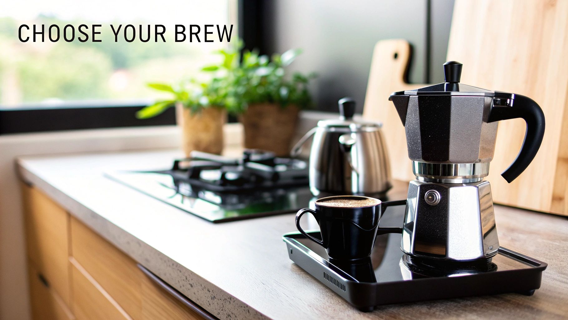 A silver and black moka pot next to a cup of coffee on a tray in a modern kitchen.
