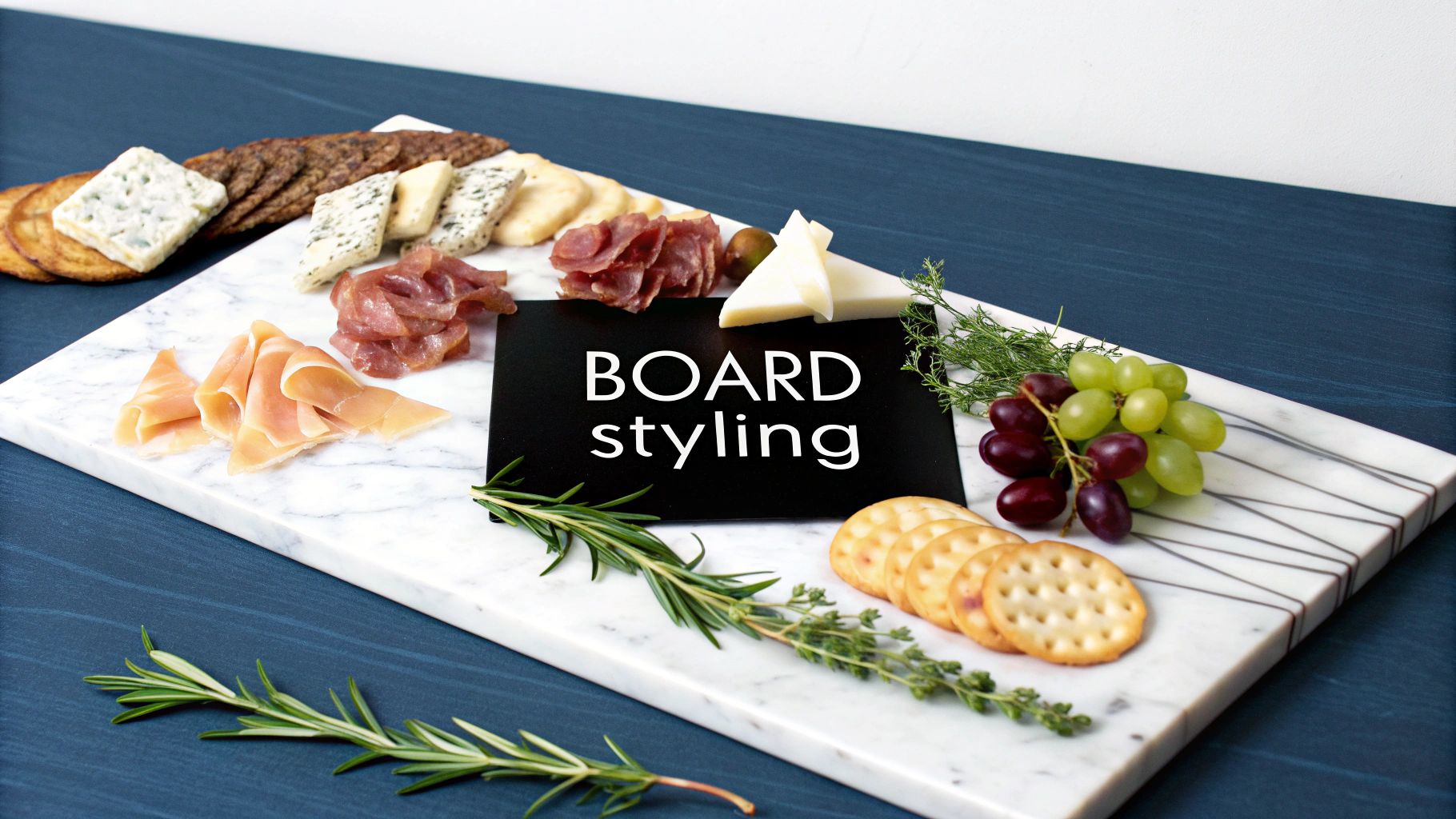 An elegant marble cheese board featuring various cheeses, cured meats, crackers, grapes, and fresh herbs.
