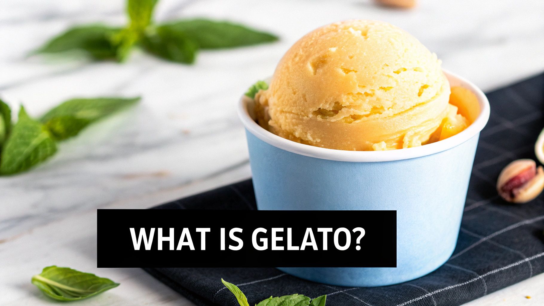 Scooped gelato in a blue cup on a checkered napkin, surrounded by mint leaves and pistachios. Text asks, "What is Gelato?".