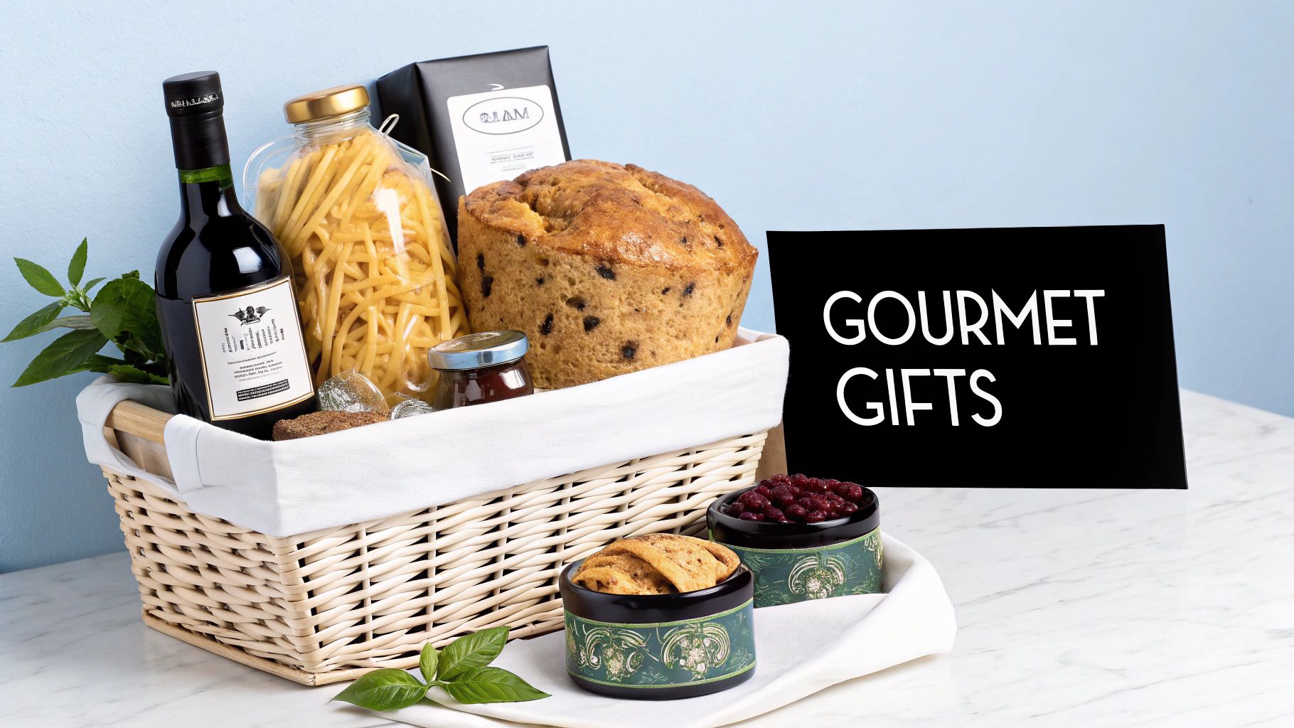 A wicker gourmet gift basket filled with wine, pasta, fruitcake, jam, cranberries, and cookies, next to a 'Gourmet Gifts' sign.