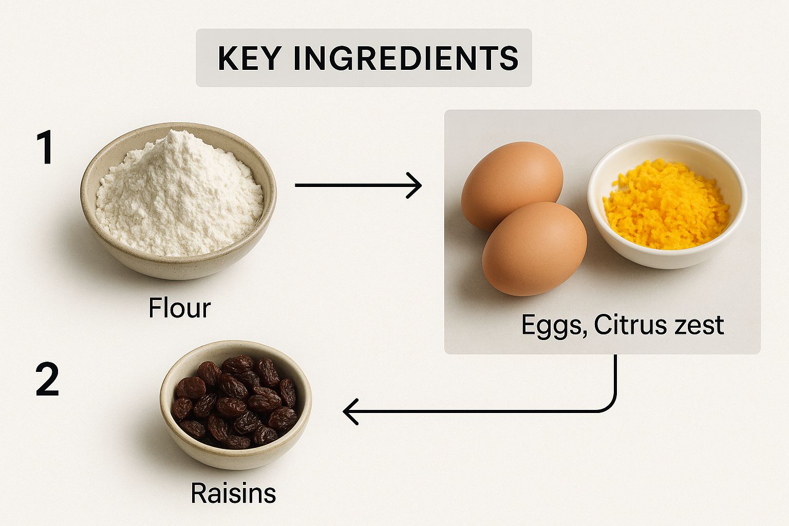 Bowls of flour and raisins with labeled arrows pointing to eggs and citrus zest. Text reads "KEY INGREDIENTS" on a light background.