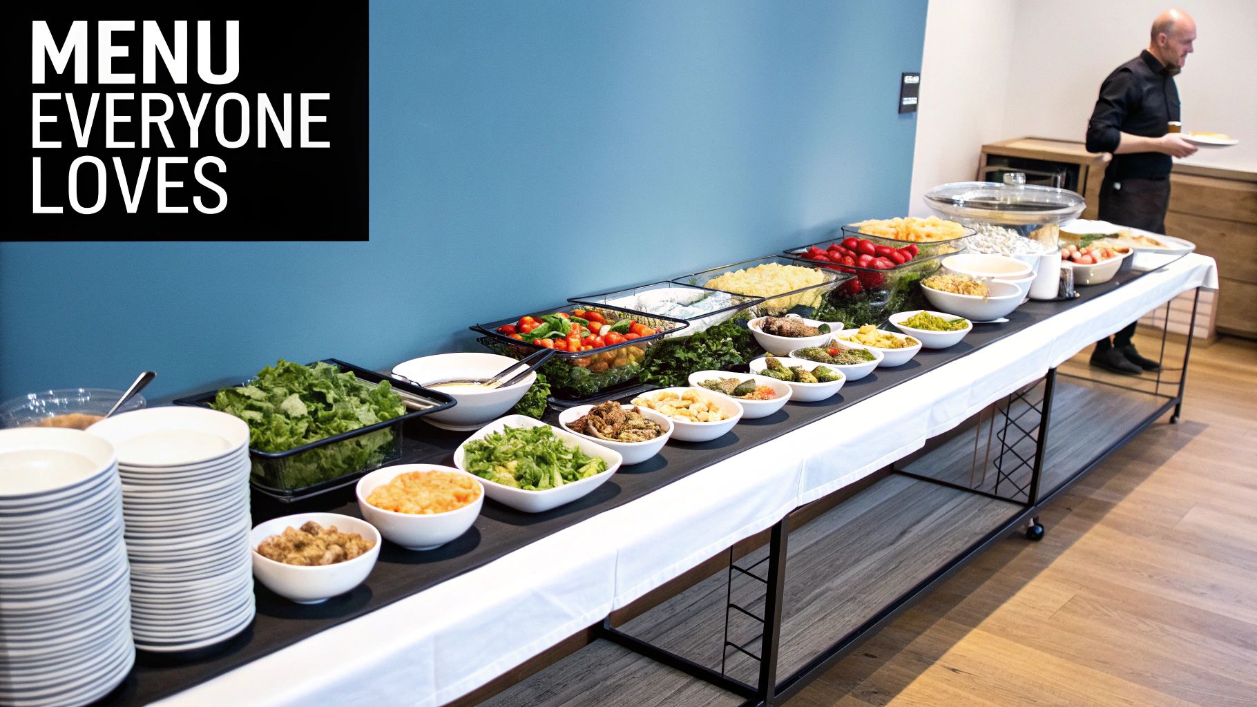 A colorful buffet spread with various fresh salads, vegetables, and healthy food options on a long table.