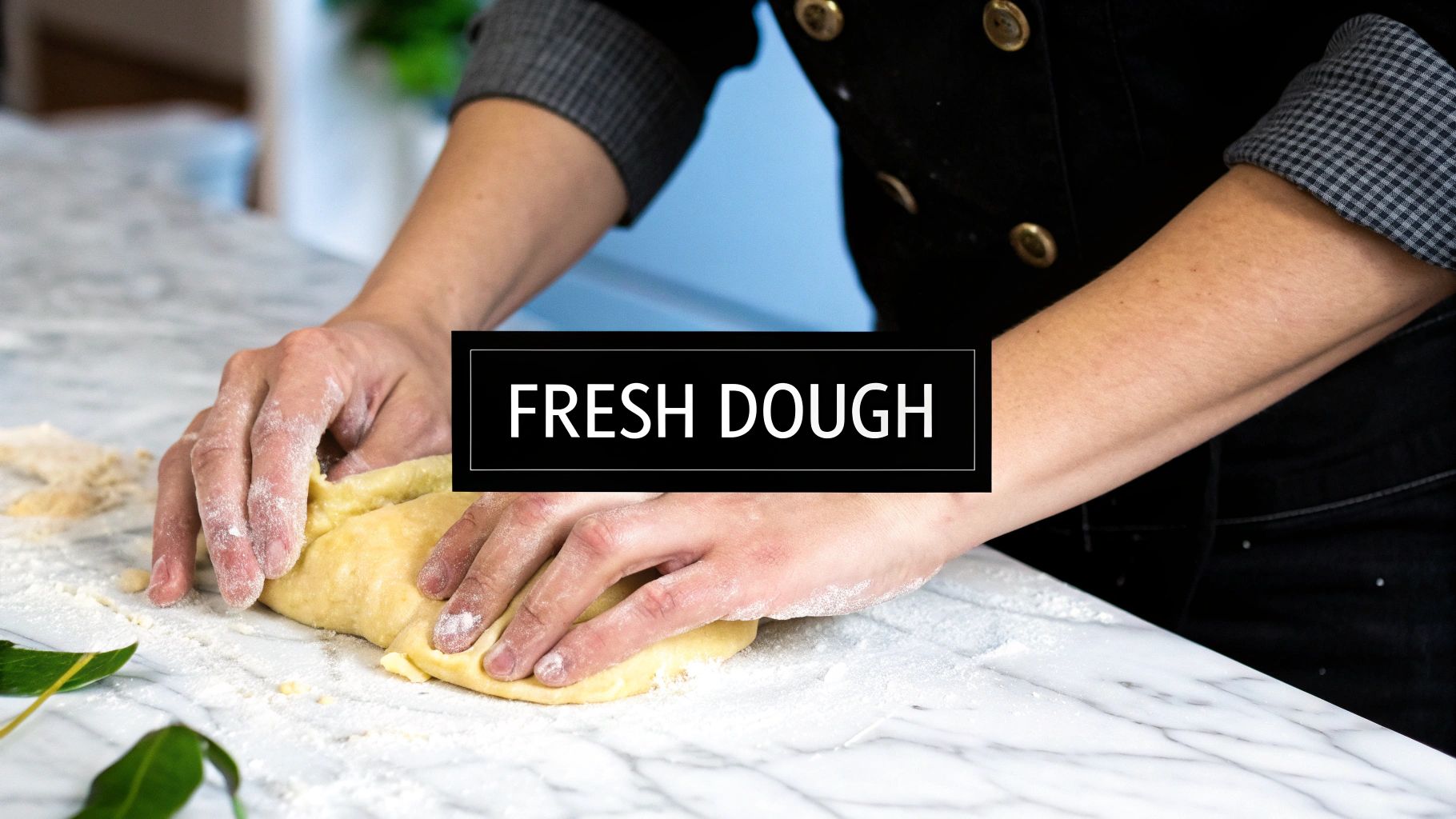Hands kneading dough on a floured marble surface. Text reads "FRESH DOUGH." Blue and green colors in the background add a fresh vibe.