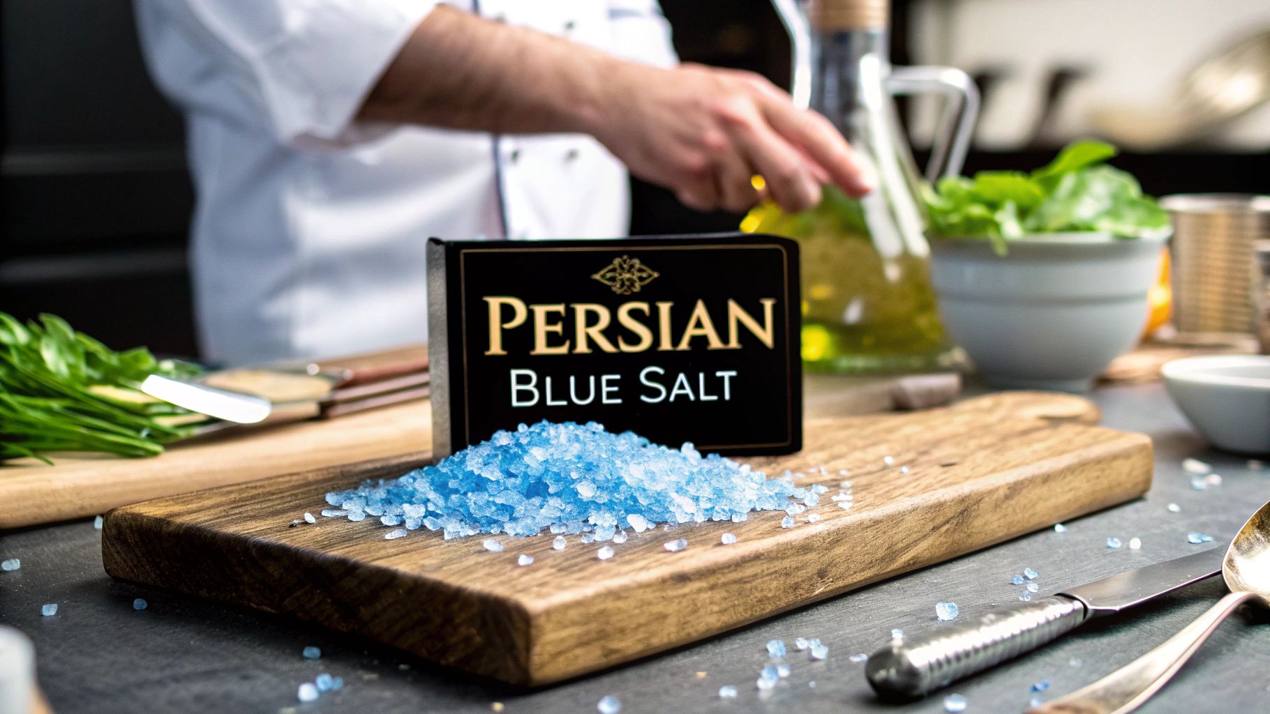 Persian Blue Salt on Wooden Tray with Chef in Background