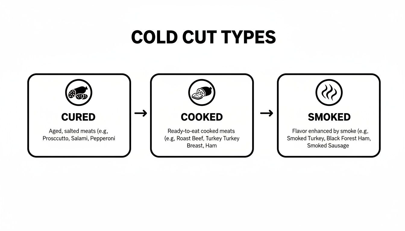 Diagram illustrating three cold cut types: cured, cooked, and smoked, with examples for each.