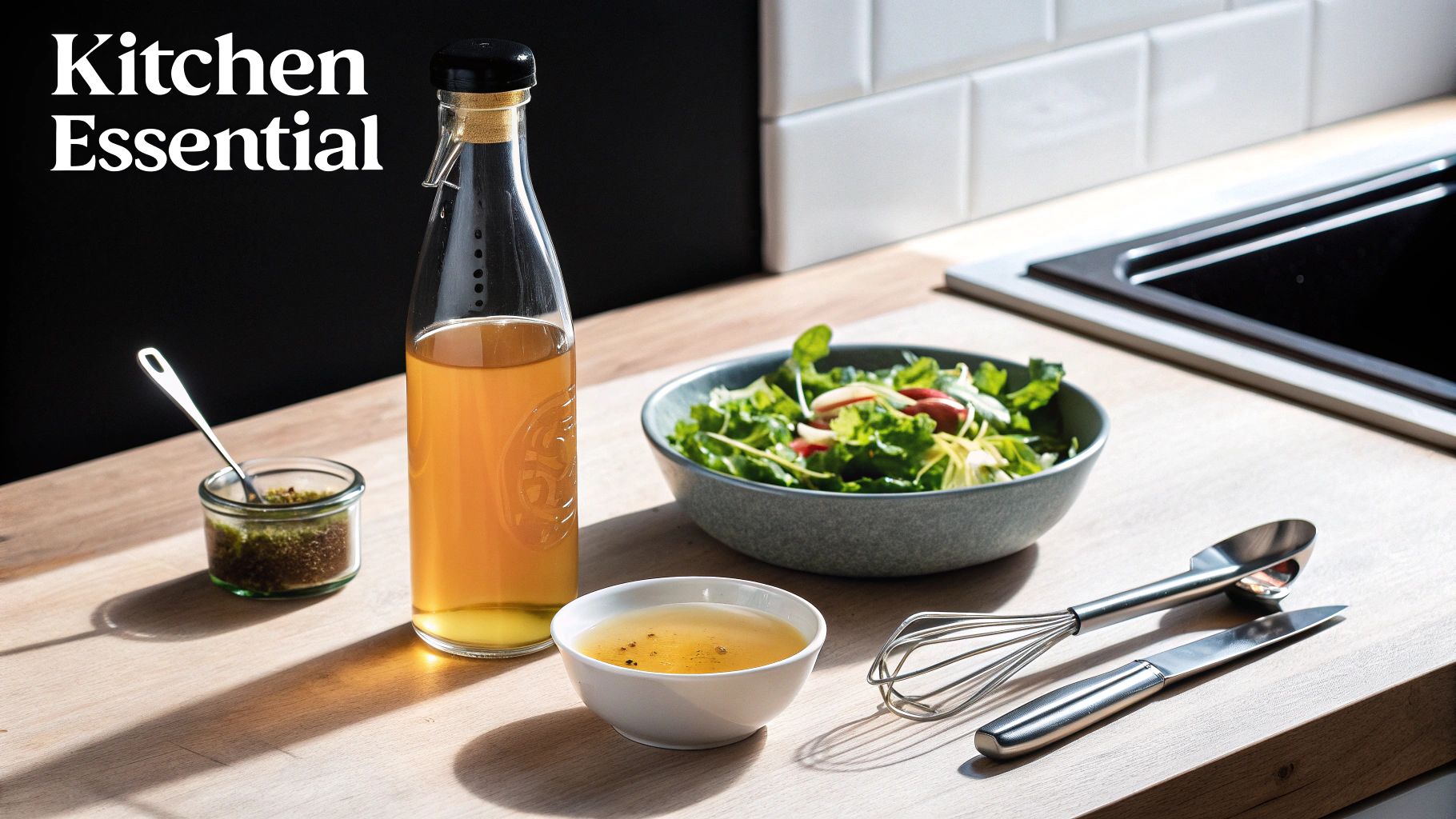 Person pouring organic apple cider vinegar into a glass jar with salad inside
