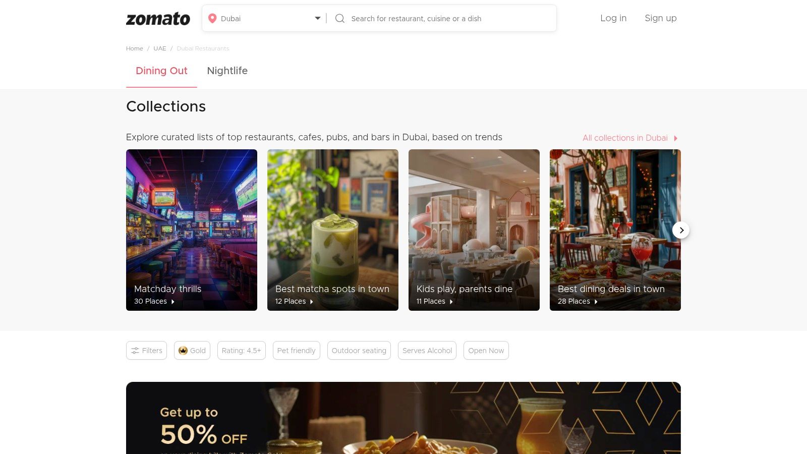 A screenshot of Zomato Dubai's interface showing a collection of pasta restaurants in Dubai.