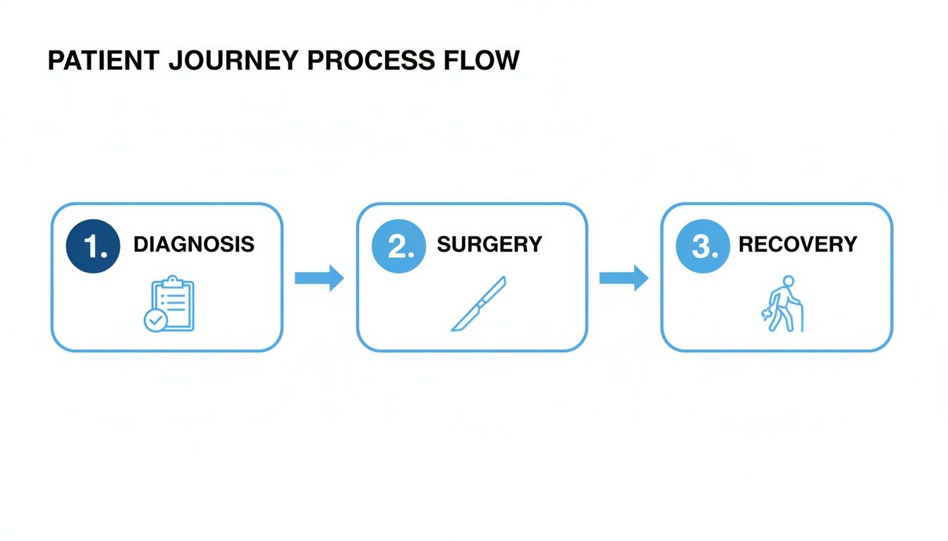 A process flow diagram illustrating the patient journey through diagnosis, surgery, and recovery stages.