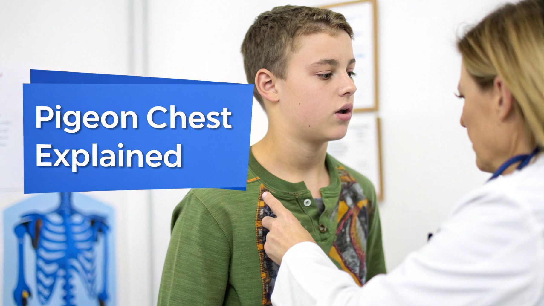 A doctor examines a young boy's chest, with a graphic displaying 'Pigeon Chest Explained'.