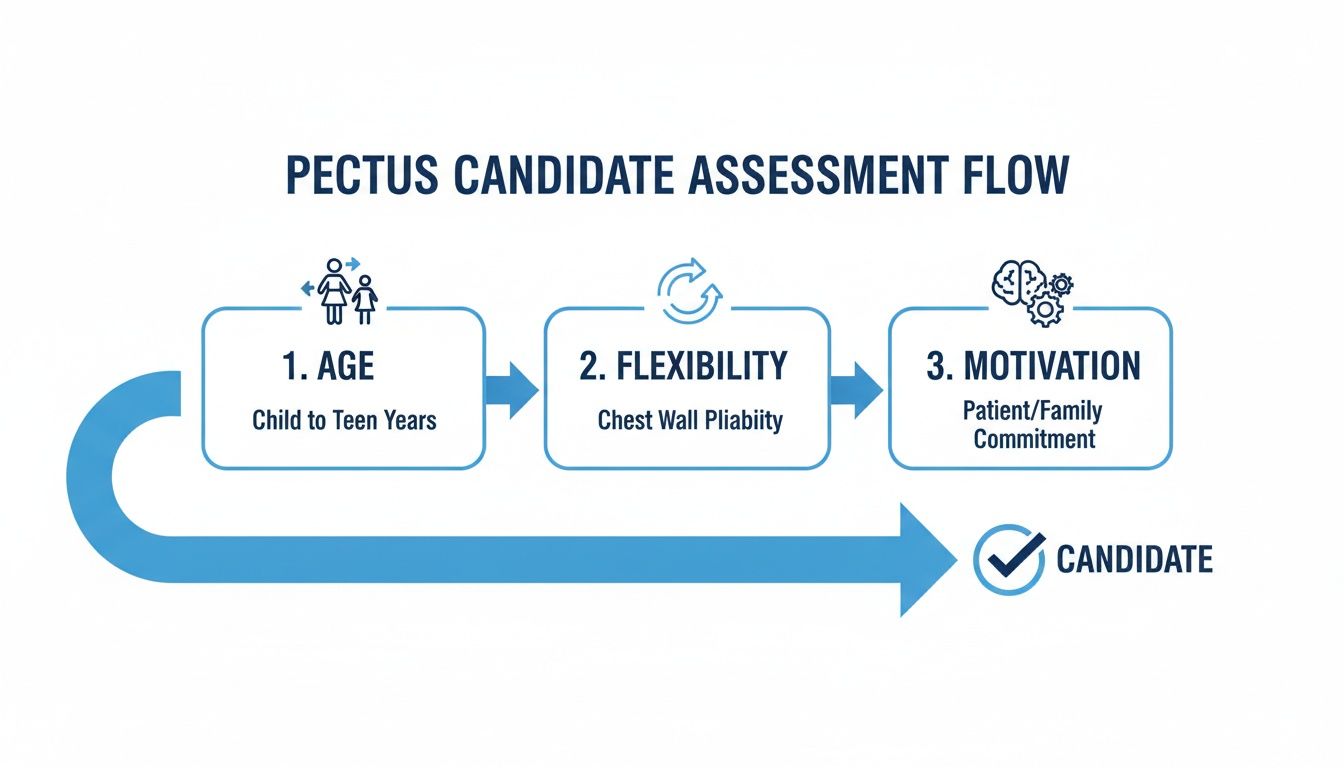 Flowchart outlining the assessment process for pectus candidates based on age, flexibility, and motivation.