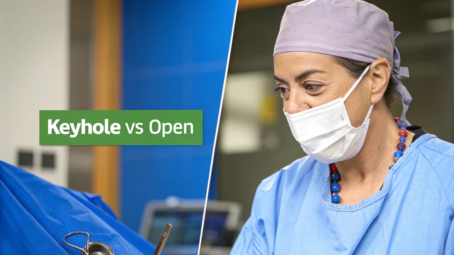 A masked surgeon in scrubs and cap, with text 'Keyhole vs Open' comparing surgical methods.