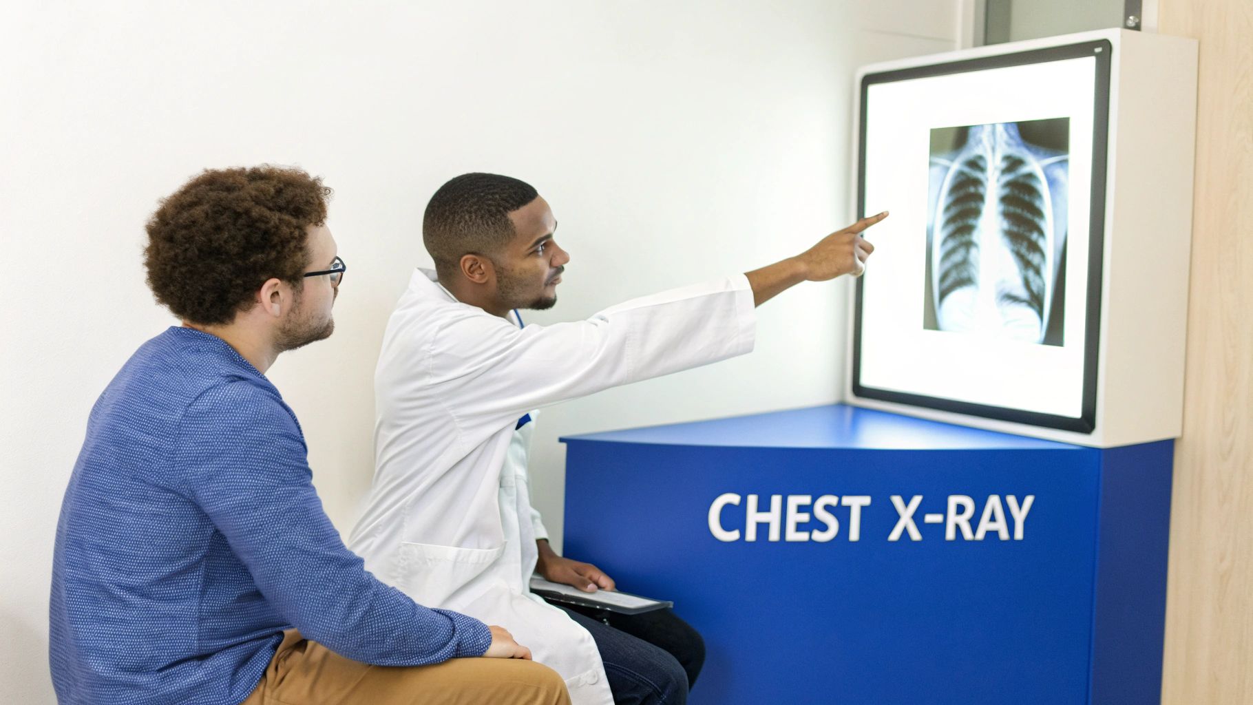 How to Treat Pneumothorax A Patient Recovery Guide 2 A doctor points to a chest X-ray on a light box while explaining results to a male patient.
