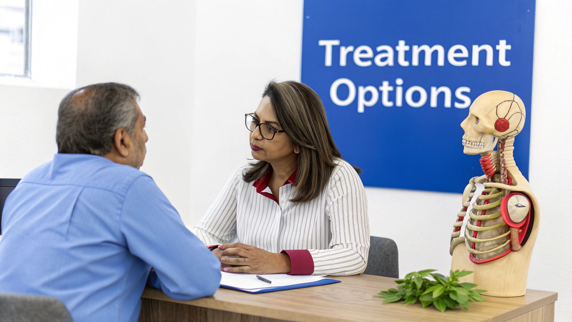 A medical professional discusses treatment options with a patient, with an anatomical model nearby.
