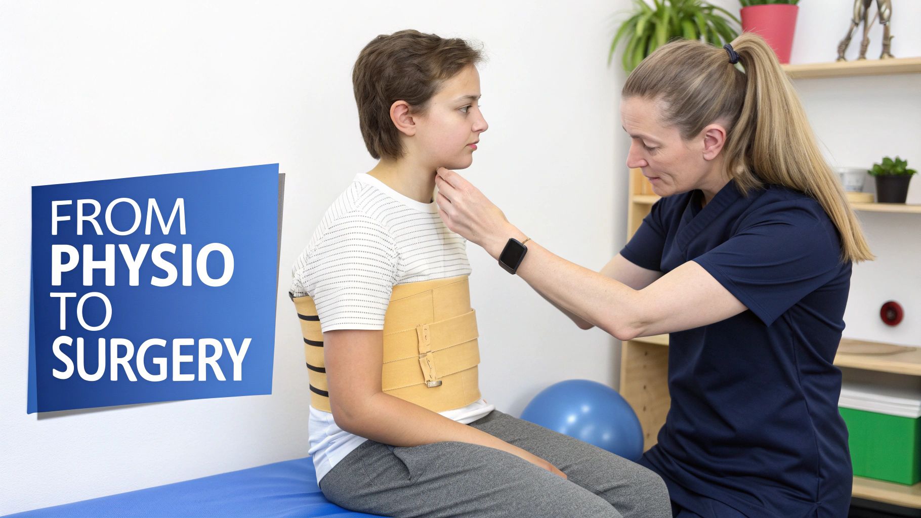 A young patient wearing a back brace gets their neck examined by a female physiotherapist.