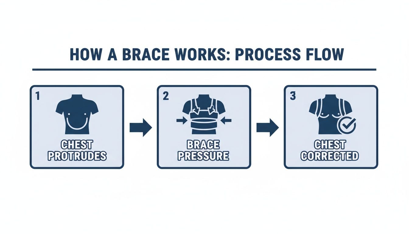 Diagram illustrating the three-step process of how a brace works to correct a protruding chest.