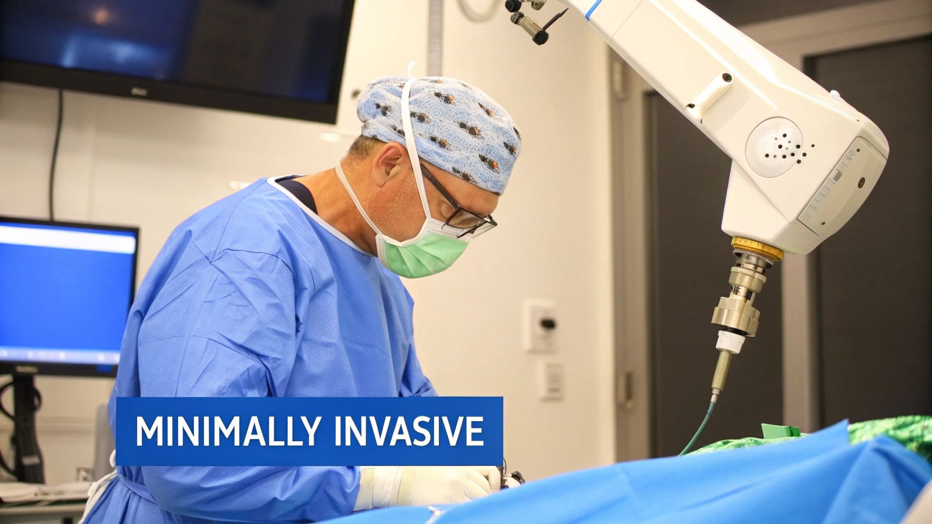 A surgeon performs a minimally invasive procedure with a robotic arm, highlighting modern surgical techniques.