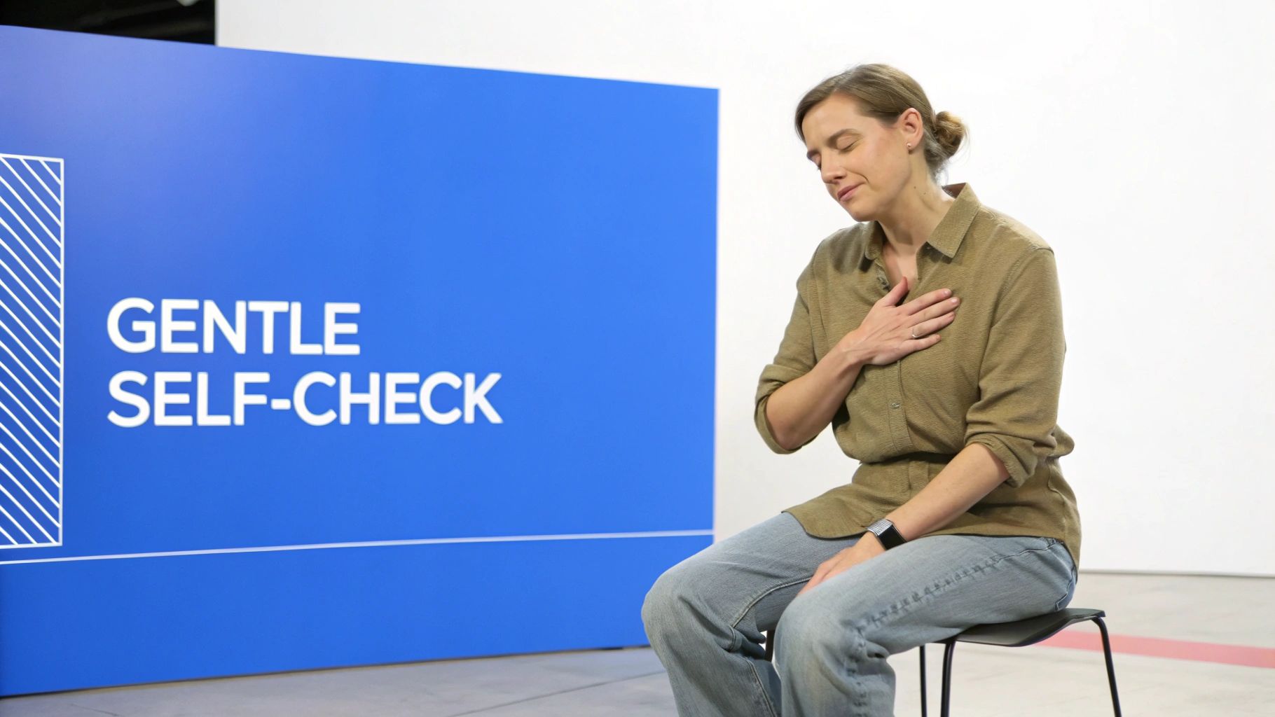 A woman sits, placing her hand on her chest with closed eyes next to a "GENTLE SELF-CHECK" sign.