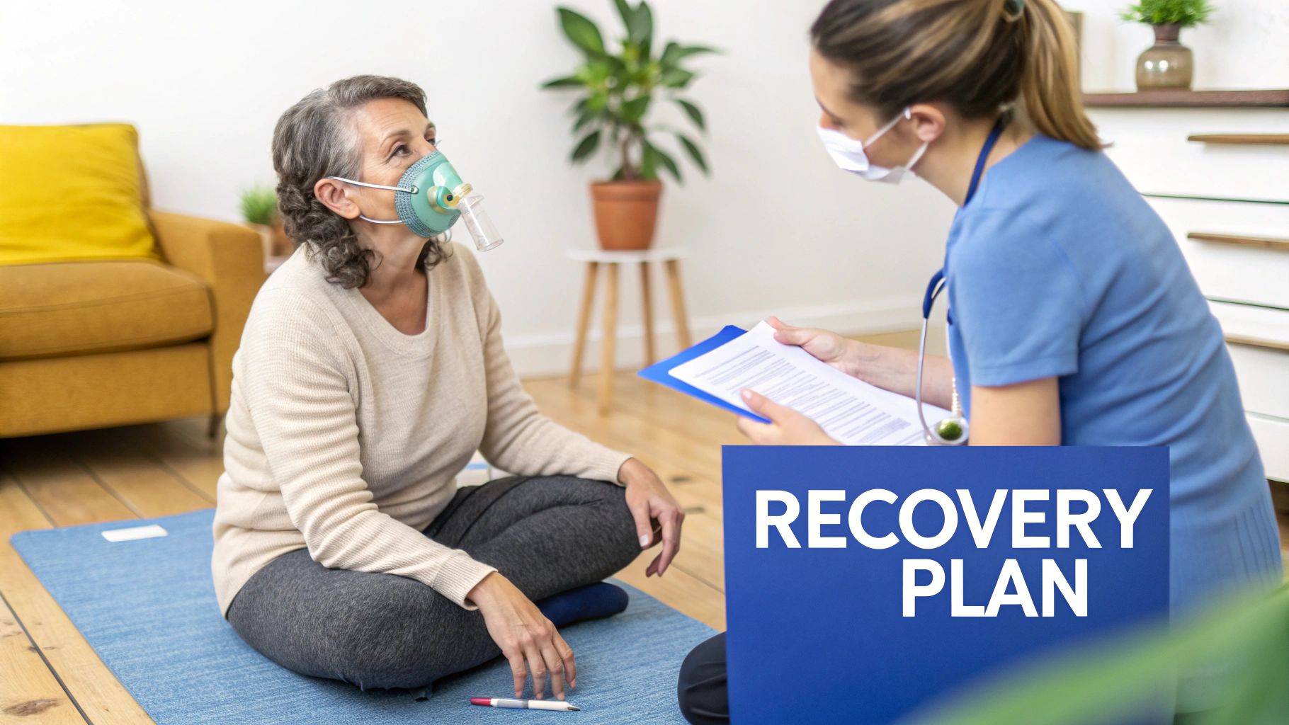 Your Patient Guide to Pectus Excavatum Surgery UK 3 A woman with an oxygen mask discusses her recovery plan with a masked healthcare worker.