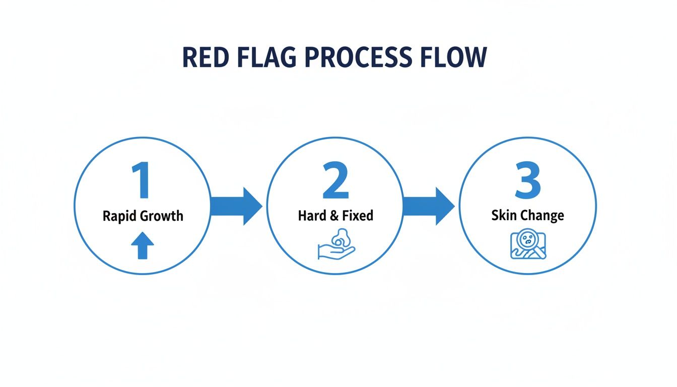 Process flow outlining three red flag symptoms: rapid growth, hard and fixed, and skin change.