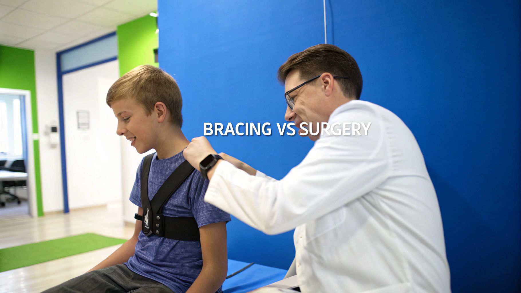 A doctor adjusts a pectus carinatum brace on a smiling young boy in a clinic setting.