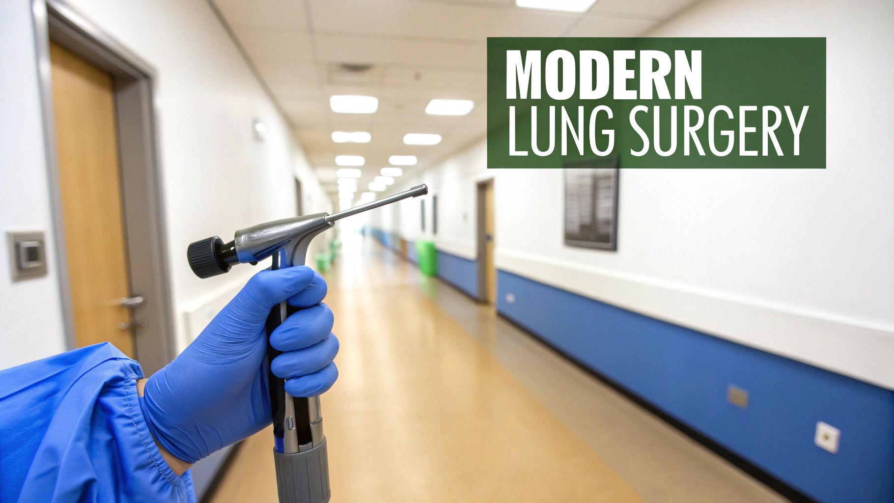 A gloved hand in blue scrubs holding a medical instrument in a hospital hallway.