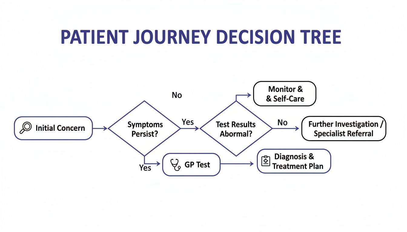 Flowchart illustrating a patient journey decision tree from initial concern to diagnosis or referral.