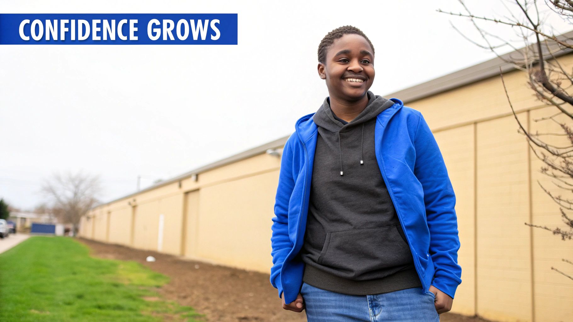 Smiling young person in blue jacket and grey hoodie outdoors, with 'CONFIDENCE GROWS' banner.