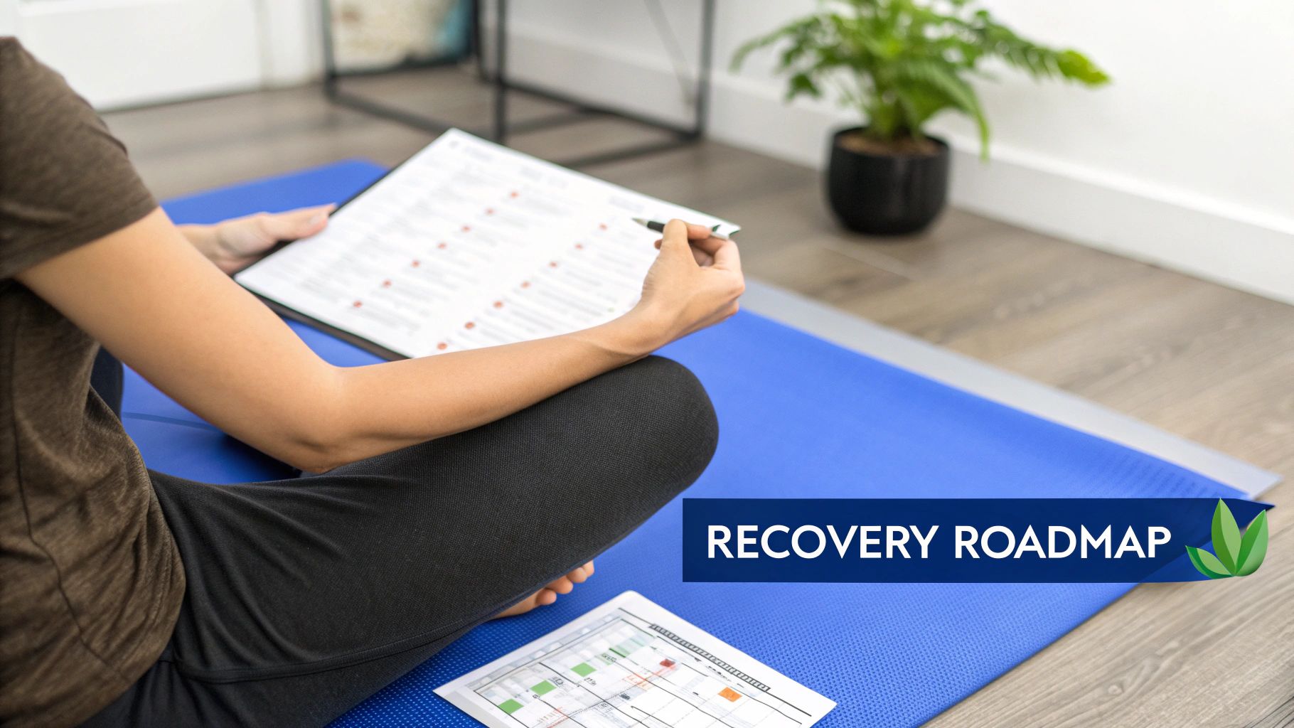 How to Treat Pneumothorax A Patient Recovery Guide 4 Person sitting on a blue yoga mat, reviewing a recovery roadmap document with a pen.