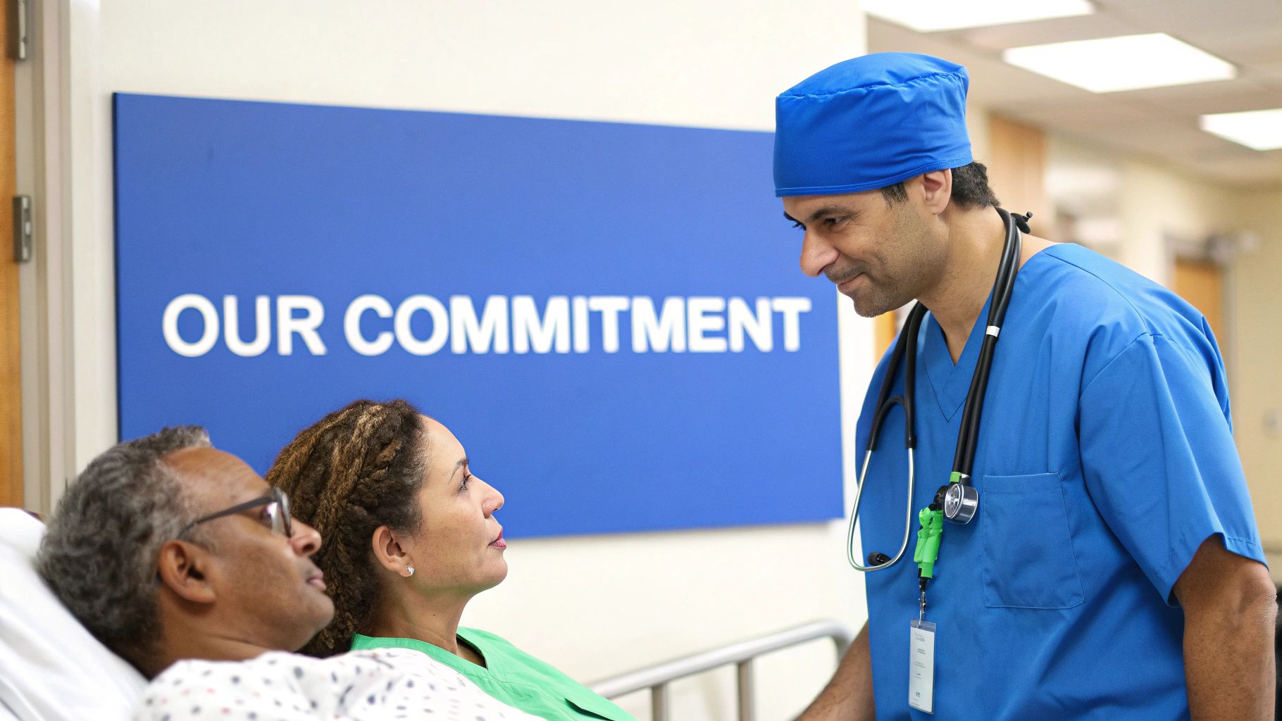 A Patient's Guide to Enhanced Recovery After Surgery 3 Doctor in scrubs consults with a female patient in bed, with a male patient nearby, in a hospital room.