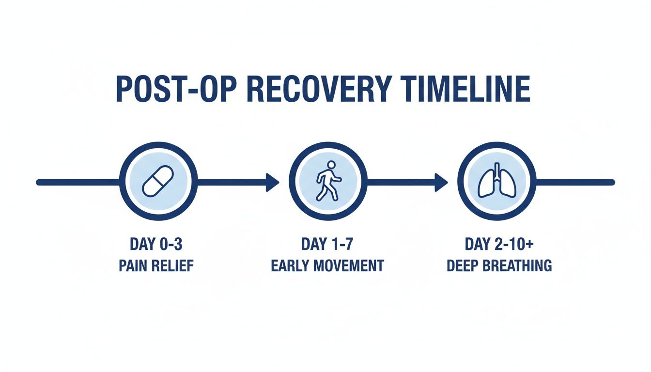 A post-operative recovery timeline detailing pain relief, early movement, and deep breathing stages.