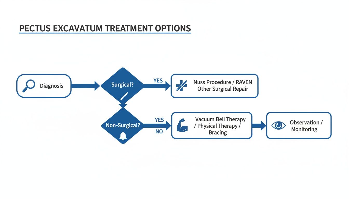 Your Patient Guide to Pectus Excavatum Surgery UK 1 Flowchart illustrating Pectus Excavatum treatment options, including surgical, non-surgical, and observation pathways.