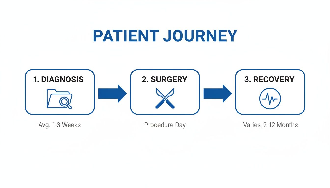A visual representation of the patient journey for a surgical procedure, showing diagnosis, surgery, and recovery stages with their respective timelines.