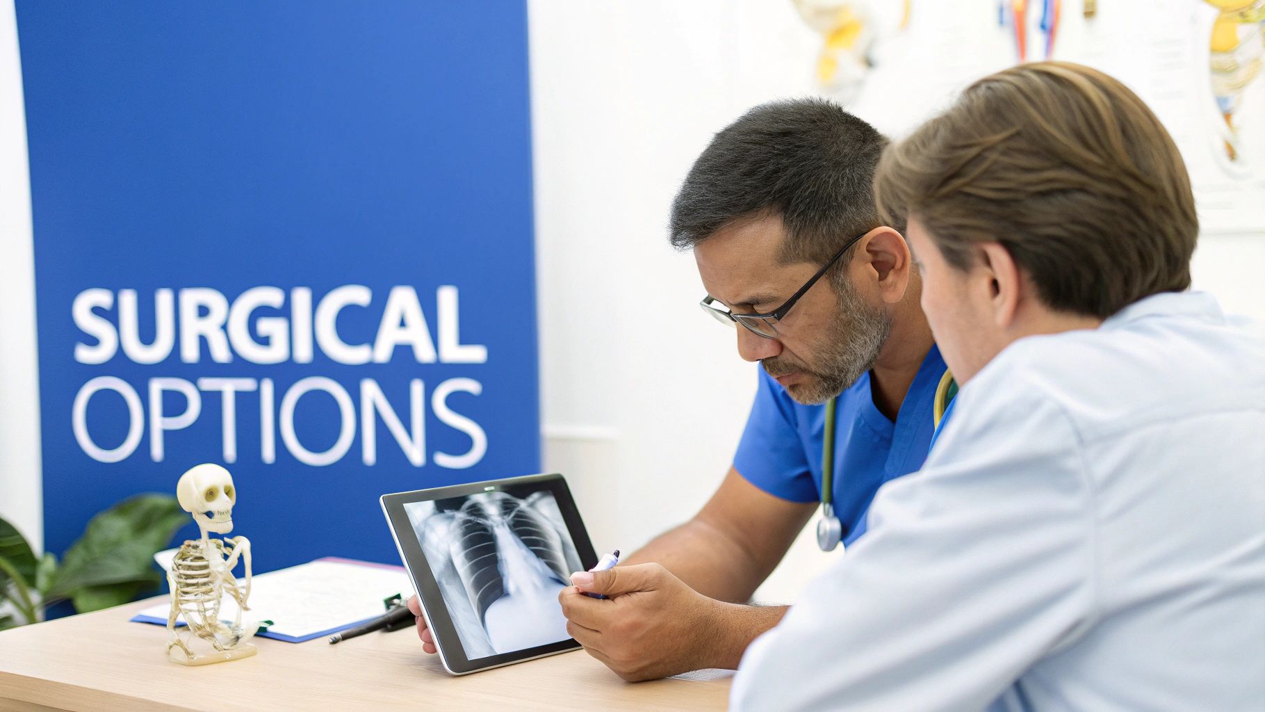 Two doctors review a lung X-ray on a tablet, discussing surgical options for a patient.