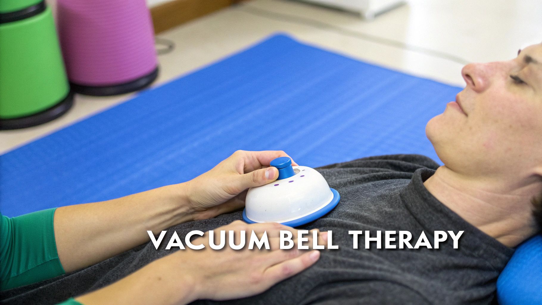 A person lies on a blue mat, receiving vacuum bell therapy on their chest, with a therapist's hands.