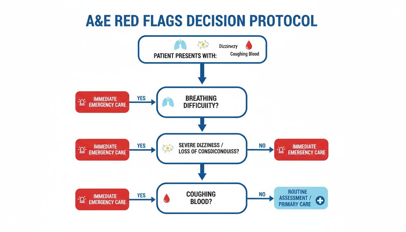 A&E Red Flags Decision Protocol flowchart guiding patient care based on critical symptoms.