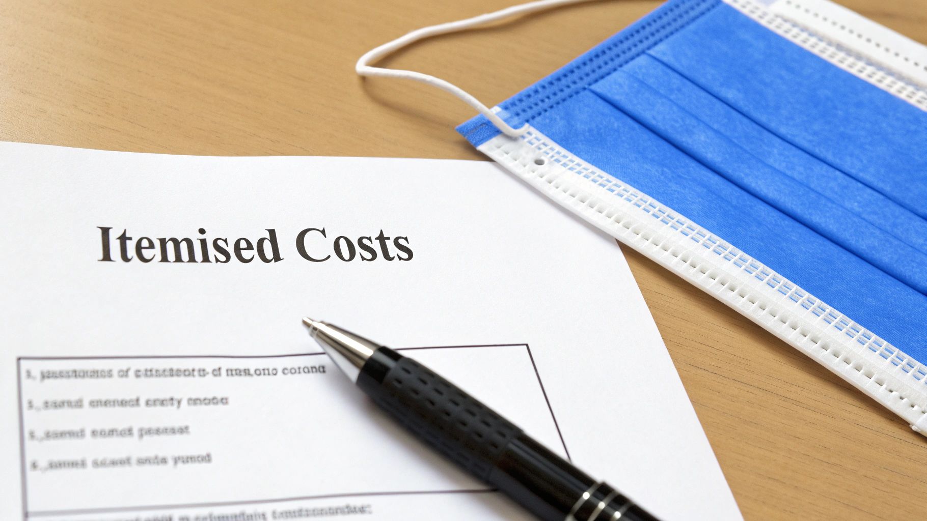 A document titled 'Itemised Costs' with a pen and a blue face mask on a wooden desk.