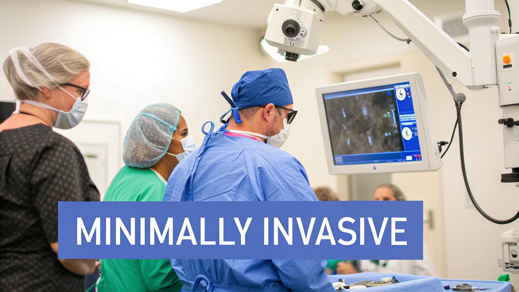 Medical professionals conducting a minimally invasive surgery, focused on an operating room monitor displaying internal views.